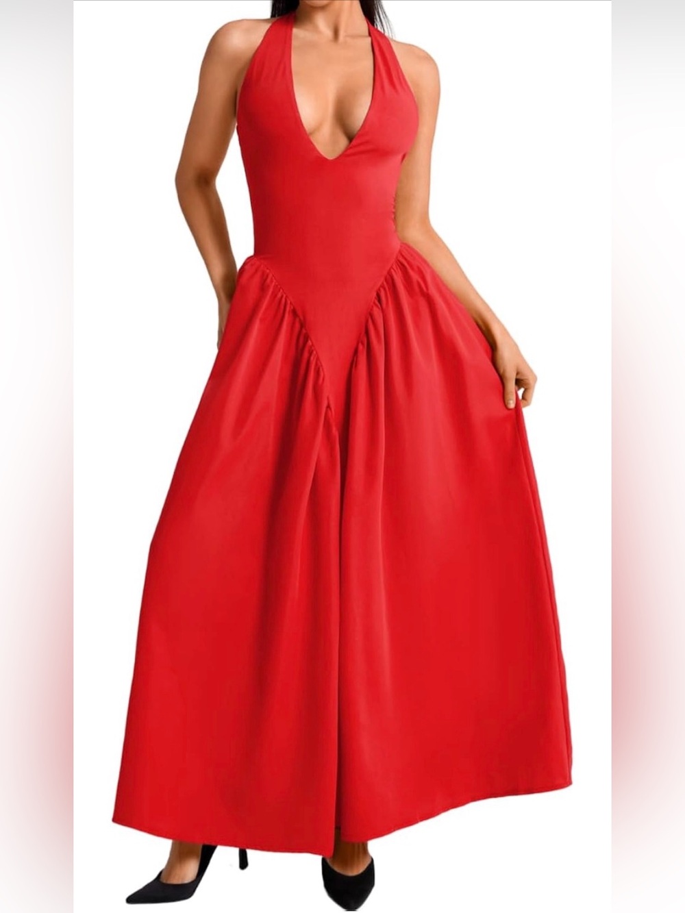 Red Halter Maxi Dress with Deep V-Neck